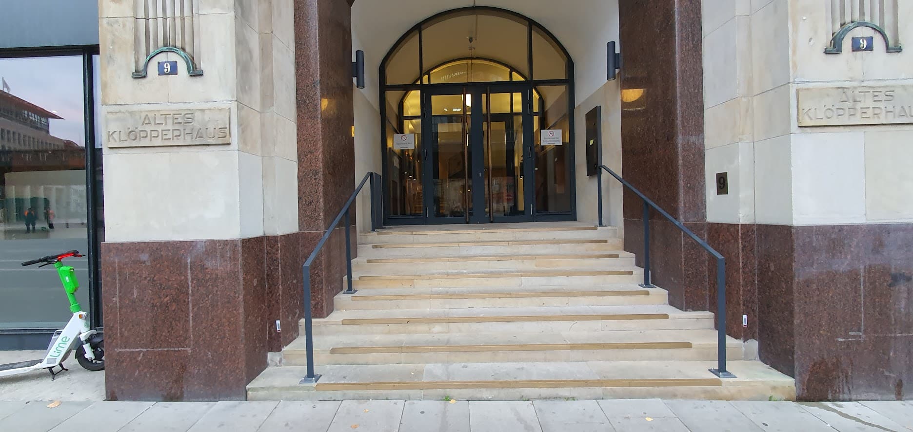 Entrance of my workplace in the historical building in Hamburg, called Kloepperhaus, it is inaccessible for wheelchair users due to stairs